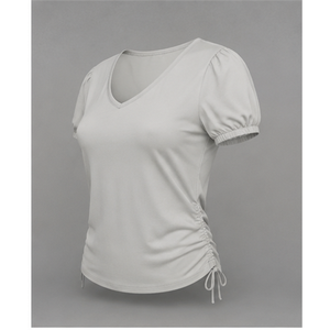 Camiseta Ajustada de Manga Corta con Cuello en V y Mangas Abullonadas en Gris Claro para Mujer WTS-0064 - Product Image 5