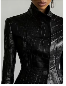Black PU Leather Jacket With Stand Collar Embossed Crocodile Pattern Slim Fit <b>Men's</b> Formal Autumn Outerwear Designer Leather Out - Product Image 5