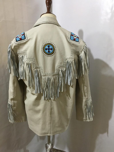Veste en cuir beige à franges pour homme, style western, faite à la main, style décontracté, pour l'automne - Product Image 2