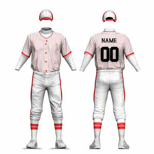 Ensemble d'uniformes de baseball personnalisés pour hommes, maillot rayé rouge et blanc, pantalon respirant en polyester, tenue d'équipe toutes saisons - Product Image 5