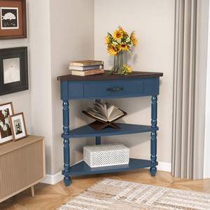 Mesa auxiliar triangular pequeña de 33,8 pulgadas, patas de madera maciza, azul marino, Espresso Top, mesa de esquina de 3 niveles para muebles de habitación pequeña - Product Image 3