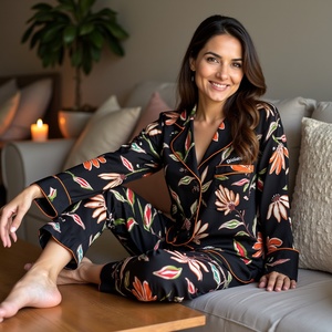 Sang Trọng Ôm Womens Quyến Rũ Bộ Pajama Trong Thoáng Khí Và Đạo Đức Thiết Kế Thủ Công Màu Đen Hoa Dài Bộ Pant - Product Image 6