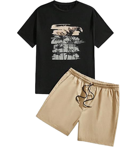 Conjunto de Verano para Hombre, 100% Algodón, Cuello en V, Manga Corta, Estilo Casual, Tejido, Versión Coreana, Corte Holgado, Deportivo, Dos Piezas, Transpirable - Product Image 1