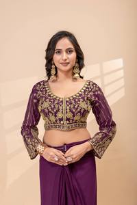 Sari élégant en faux georgette prêt-à-porter avec chemisier richement brodé – Spécial Fêtes et Mariages - Product Image 5