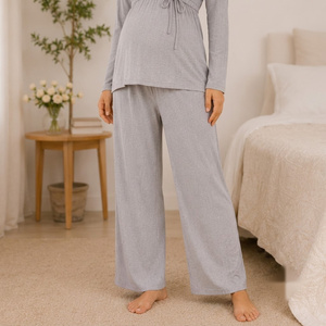 Conjunto de Pijama de Maternidad para Mujer, Manga Larga, Cuello en V, Cierre Cruzado, Color Sólido, Transpirable, Corte Holgado, Modal y Spandex, para Otoño - Product Image 5
