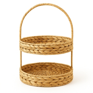 Water Hyacinth 2 Tier Woven Handmade Modern <b>Rustic</b> Vintage Storage Basket Natural Color Multifunction Home Kitchen Hotel Storage - Product Image 2