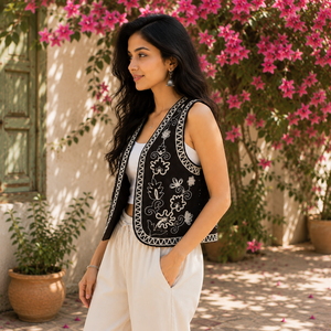 Gilet en coton noir brodé de fleurs pour femme, sans manches, style bohème ethnique, ouvert sur le devant, vêtement décontracté, personnalisable OEM ODM - Product Image 4