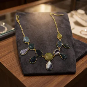 Women's Fashion Brass Agate Statement Necklace Bohemian Style Bezel Setting Link Chain 18 Inches <b>Natural</b> <b>Stone</b> <b>Jewelry</b> - Product Image 3