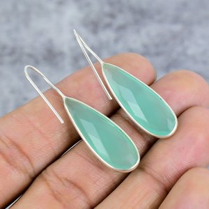 925 <b>Sterling</b> <b>Silver</b> Women Aqua Chalcedony Pear Cut Gemstone <b>Silver</b> Hook Earrings Trendy Birthday Gift Everyday Wear Party - Product Image 4