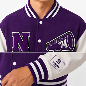 Purple Men's Varsity <b>Jacket</b> With Embroidered N Logo And Patch Preppy Style Wool Polyester Blend <b>Thick</b> Winter Coat - Product Image 5