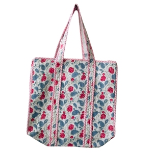 Handmade Floral Hand Block Printed Quilted Cotton Bohemian Tote <b>Bag</b> Trim Zipper Closure Elegant Style <b>Beach</b> Shopping Travel All - Product Image 1