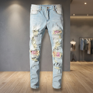 Jean en denim déchiré bleu clair pour homme, coupe slim, délavé, jambe droite, style décontracté d'été, en coton - Product Image 4