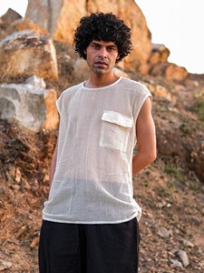Handcrafted <b>Mens</b> Of <b>White</b> Cotton Fishnet Sleeveless T Shirt Top Eco Friendly Breathable Summer Beach Wear <b>Vest</b> Tank Top - Product Image 3