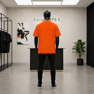 Camiseta Oversize Naranja Personalizada para Hombre con Estampado 3D de Calavera, Estilo Streetwear Hip Hop, con Tachuelas Metálicas, Remaches y Bajo Desgastado de Tejido Pesado - Product Image 4