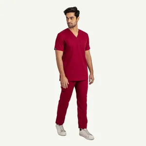 Conjunto de uniforme médico para hombre con cuello en V, rojo, de algodón y poliéster, pantalón de pana con detección de agujas, fusión sin costuras, marca personalizada - Product Image 4