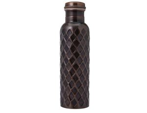 Pure Copper Double Wall Diamond Design Water <b>Bottle</b> with Straw and Handle Brown Classic Hammered Coating - Product Image 3