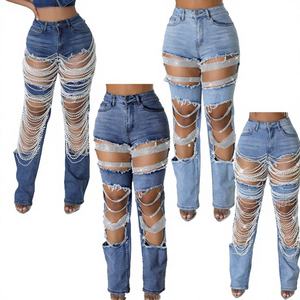 Jeans de Mezclilla Lavados Estilo Retro Americano con Diseño Desgastado e Impreso, Pantalones Anchos y Holgados de Estilo Urbano para Mujer - Product Image 1