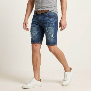Pantalones Cortos Bermuda de Mezclilla Rasgados para Hombre, Cintura Media, Azul Sólido, Estilo Casual, Cierre de Botones, Tejido de Algodón Transpirable - Product Image 3