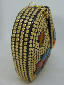 Handmade Metal <b>Clutch</b> Cum Sling Bag Jewel Stone Metal <b>Clutch</b> Gold Bag - Product Image 3