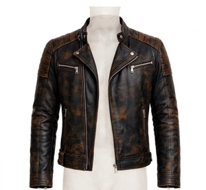 เสื้อแจ็คเก็ตหนังสีน้ำตาลสำหรับผู้ชาย แบบมีซิป - Product Image 1