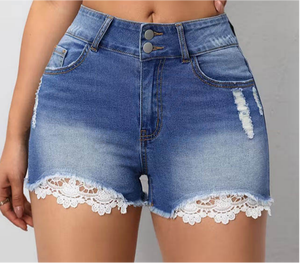Shorts en jean taille haute pour femme avec bordure en dentelle, effet déchiré, coupe classique, tenue décontractée d'été, couleur unie - Product Image 2