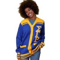 Suéter Cárdigan Casual de Mohair para Invierno SGRho, Azul Rey Dorado, Sigma Gamma Rho HBCU, Sororidad Griega, Chenille Griega, Tejido Frontal