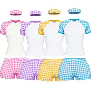 OEM Custom Logo Plaid Pattern Three piece Home Suit Women's Custom Color Raglan Sleeve Top Shorts with Matching <b>Headband</b> Women - Product Image 2