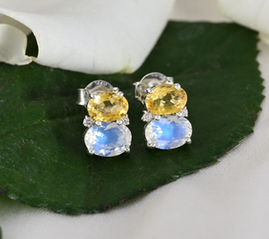 Yellow Sapphire Moonstone <b>Earrings</b>, Natural Sapphire <b>Stud</b> <b>Earrings</b>, Rainbow Moonstone Diamond <b>Earrings</b>, Gemstone <b>Earrings</b> Gift - Product Image 1