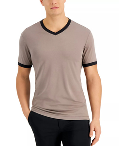 T-shirt d'été pour homme en coton tricoté de haute qualité, 100 % coton, col en V, manches courtes, avec bordure contrastée, couleur unie, écologique, col en V profond - Product Image 5