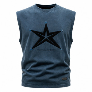 Camiseta sin mangas estilo Y2K, color azul petróleo, de algodón y modal lavado, con gráfico de estrella de terciopelo negro. - Product Image 3