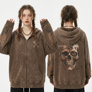 Title Custom Zip Up Hoodie Women Oversized 350GSM Pastel Tie Dye Sweatshirt <b>Punk</b> Rock Safety Pin Distressed Acid Wash <b>Jacket</b> Out - Product Image 5