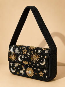 Sac à bandoulière de luxe de haute qualité fait à la main avec des perles de verre en forme de lune et d'étoiles, style classique, motif géométrique, sac à main pour femmes - Product Image 1