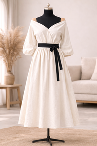 Elegante Vestido Midi de Lino y Algodón Blanco con Hombros Descubiertos para Mujer, Vestidos de Fiesta con Mangas Abullonadas y Fluídas, con Cinturón Negro en la Cintura - Product Image 2