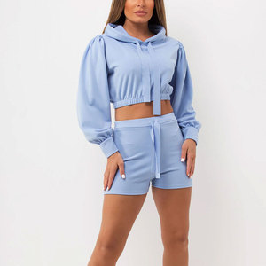 Conjunto de sudadera con capucha de algodón suave y pantalones cortos con cordón para mujer, conjunto de sudadera con capucha extragrande y pantalones cortos con cordón para mujer - Product Image 4