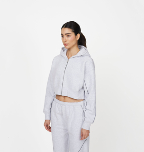 Sudadera con capucha corta de algodón rosa de alta calidad con bordado y estampado, cremallera completa, hombros caídos y corte oversize para mujer - Product Image 3