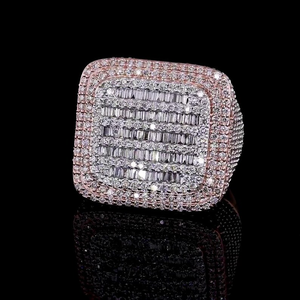 Luxury Moissanite Iced Baguette <b>Ring</b> Rose Gold Tone Diamond Look <b>Statement</b> <b>Ring</b> Hip Hop Jewelry Bold Square Design - Product Image 2