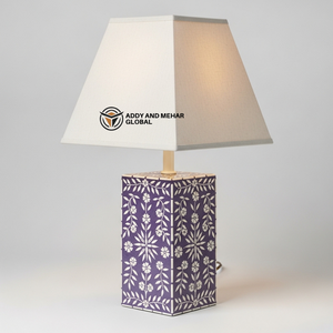 Luxury Purple Bone Inlay <b>Table</b> Lamp with Beige Shade | Handcrafted Floral <b>Bedside</b> Lighting - Product Image 2