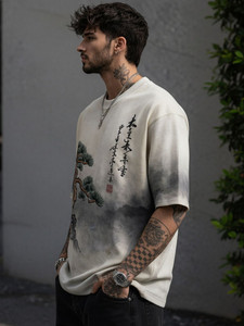 Camiseta Oversize de Cuello Redondo para Hombre, 100% Algodón, Teñido por Inmersión, Manga Corta, Estilo Urbano, Tejido de Punto Jersey, Color Liso, Diseño Sencillo - Product Image 2