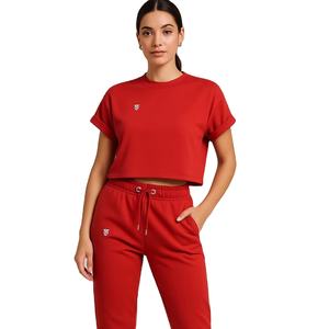 Conjunto de ropa informal de dos piezas de algodón de alta calidad personalizada para mujer, Jersey de manga corta y pantalones de pierna ancha, ropa deportiva para el hogar - Product Image 1