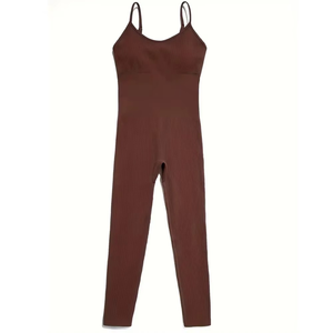 ชุดบอดี้สูทสีน้ำตาลแฟชั่นสำหรับผู้หญิง ผลิตตามสั่ง ผ้าริบ ทรงคอวี ไม่มีแขน ขายส่ง จั๊มสูทแบบไม่มีแขน รับทำโลโก้ตามสั่ง จัดหาแบบ OEM - Product Image 4