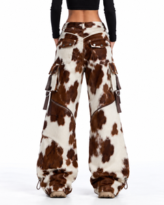 Brown <b>White</b> Cow Print Leather Straight Wide Leg Pants <b>Men</b> Winter Street Style <b>Cargo</b> <b>Trousers</b> - Product Image 3