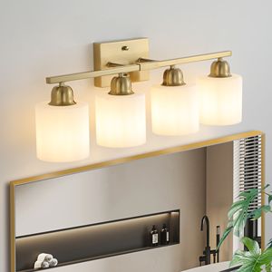 Lámpara de Baño Moderna de 4 Luces Doradas, Apliques de Pared E26 con Pantallas de Vidrio Esmerilado Blanco Lechoso, Iluminación Moderna para Baño - Product Image 1