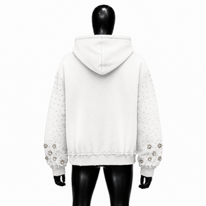 Sweat à capuche zippé blanc vieilli, orné de strass, coupe oversize, style streetwear vintage délavé, punk, décontracté, unisexe, urbain - Product Image 2