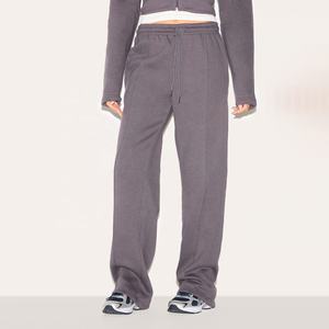 Sudadera recortada de estilo de Invierno para mujer, conjunto de pantalones de chándal de pierna recta, chándal de patrón sólido de tendencia de algodón 100% con cremallera - Product Image 2