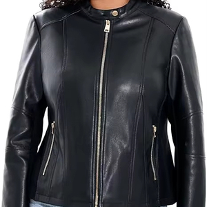 Veste moto en cuir PU pour femme, manches longues, fermeture éclair, couleur unie, col montant, style automne, longueur normale - Product Image 1