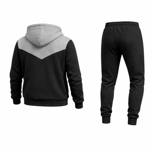 Men’s Black Grey Contrast Hoodie Tracksuit Slim Fit <b>Zip</b> <b>Up</b> <b>Jacket</b> Jogger Pants Casual Sportswear Gym Fitness Outfit Set - Product Image 2
