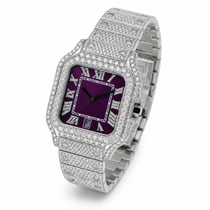 Reloj cuadrado unisex de lujo de acero inoxidable con esfera morada, incrustaciones de diamantes, movimiento de cuarzo analógico con fecha, cierre plegable de 41 mm - Product Image 3