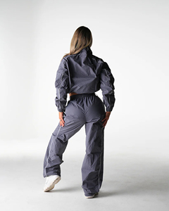 Women's Gray Lightweight Windbreaker Tracksuit Set Stand Collar line piping contrast windbreaker set nylon windbreaker - Product Image 1