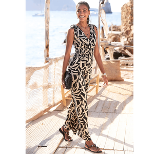 Mono de pierna ancha sin mangas con estampado de hojas tropicales para mujer – Ropa bohemia para vacaciones de verano - Product Image 2