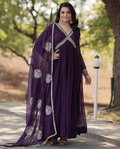 Women Faux Blooming Gown with Embroidery Zari Sequence Work Anarkali gowns for Indian and Pakistani <b>Wedding</b> Wear Low Price Gowns - Product Image 1